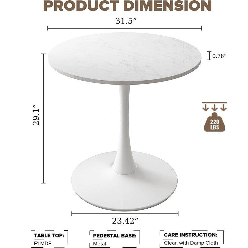 Mid-Century Modern Round Kitchen or Dining Table with Premium MDF Top and Steel Pedestal Base for Dining Room