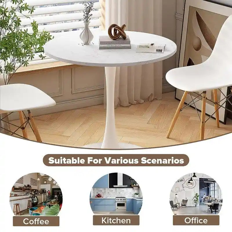 Mid-Century Modern Round Kitchen or Dining Table with Premium MDF Top and Steel Pedestal Base for Dining Room