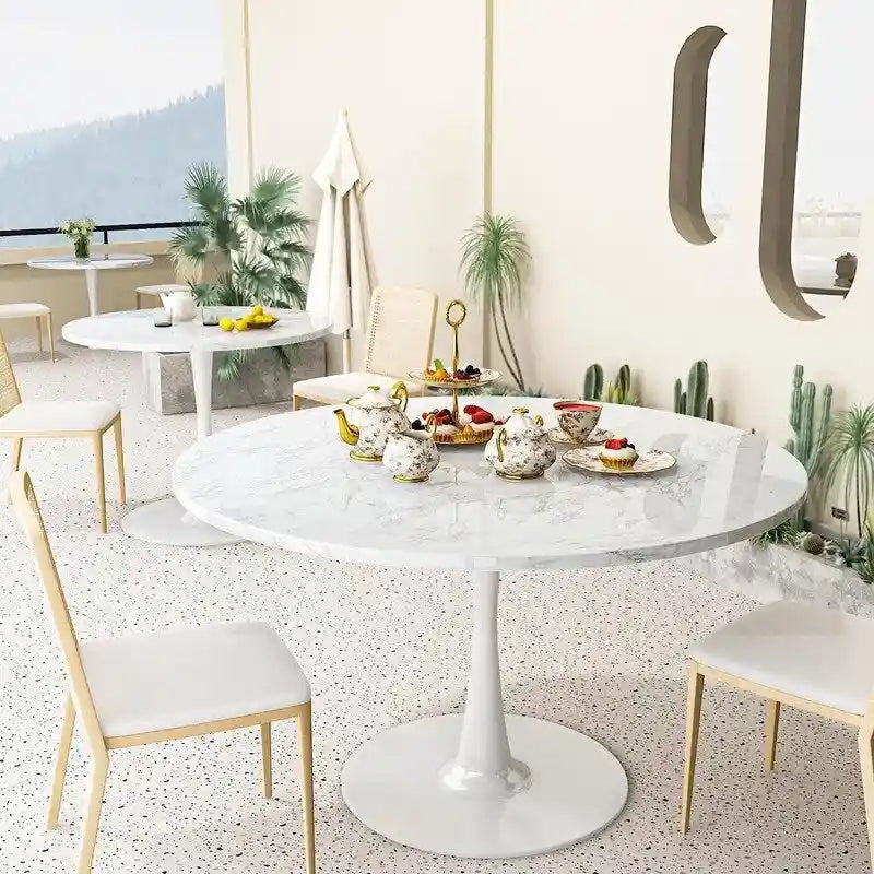 Mid-Century Modern Round Kitchen or Dining Table with Premium MDF Top and Steel Pedestal Base for Dining Room