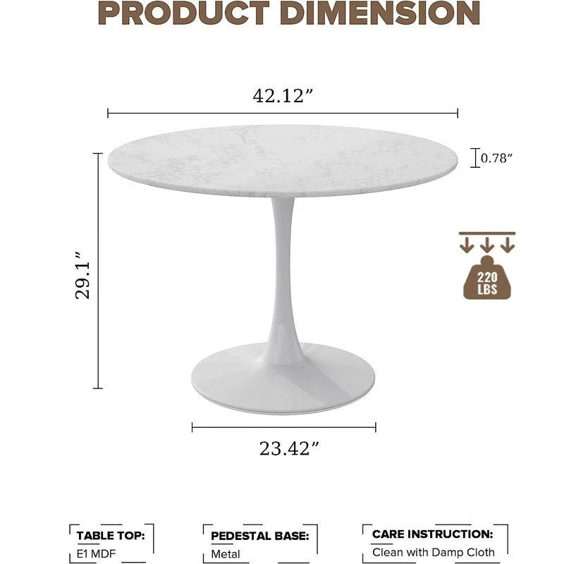 Mid-Century Modern Round Kitchen or Dining Table with Premium MDF Top and Steel Pedestal Base for Dining Room