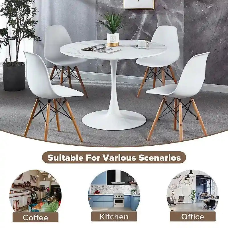 Mid-Century Modern Round Kitchen or Dining Table with Premium MDF Top and Steel Pedestal Base for Dining Room