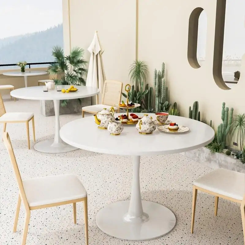 Mid-Century Modern Round Kitchen or Dining Table with Premium MDF Top and Steel Pedestal Base for Dining Room