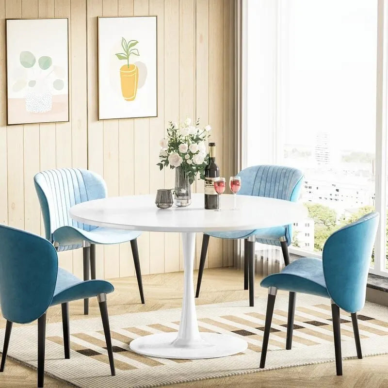 Mid-Century Modern Round Kitchen or Dining Table with Premium MDF Top and Steel Pedestal Base for Dining Room
