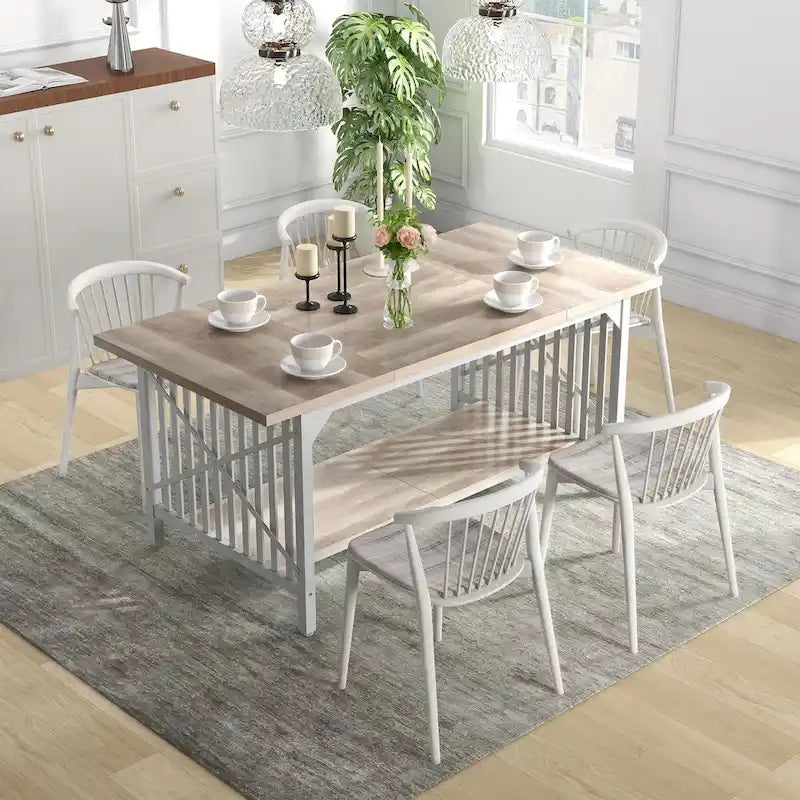 70-Inch Large Kitchen Dining Table for 6-8 People, Farmhouse Industrial Kitchen Table with Storage Shelf