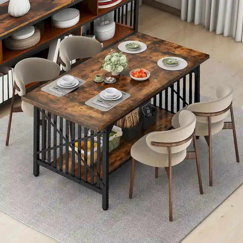 70-Inch Large Kitchen Dining Table for 6-8 People, Farmhouse Industrial Kitchen Table with Storage Shelf