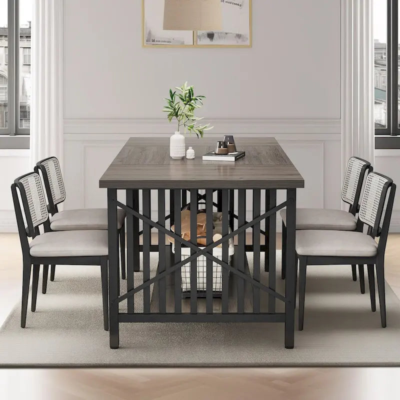 70-Inch Large Kitchen Dining Table for 6-8 People, Farmhouse Industrial Kitchen Table with Storage Shelf